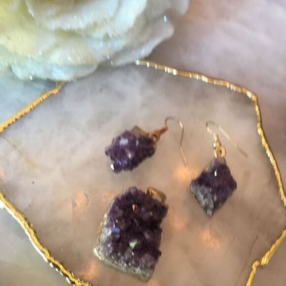 PURPLE RAW Amethyst Earrings & Matching Pendant! - Picture 3 of 16